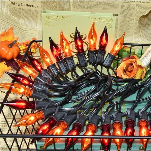 27.8Ft Orange and Purple Halloween Lights Flame String Lights, Spooky Flickering